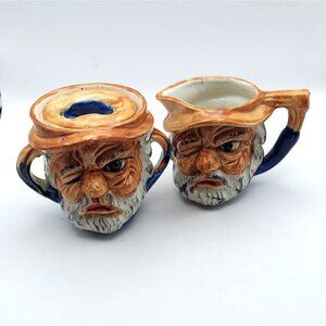 Vintage Grumpy Old Men Sailor Toby Jug Sugar Bowl w/ Lid & Creamer Set Ceramic